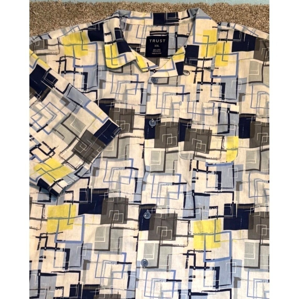 Trust Linen Button Up Shirt Mens Size  XXL Multicolor Geometric Short Sleeve